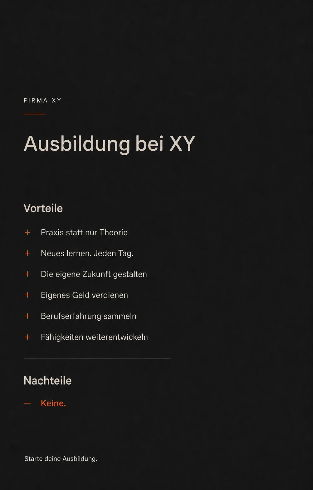 Instagram-Post zum Thema Ausbildung: eine Liste mit Vorteilen einer Ausbildung, darunter die Überschrift Nachteile mit dem einzigen Eintrag "Keine".